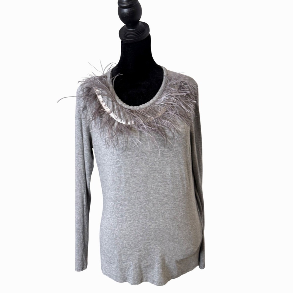 Vince Camuto Ostrich Feather Top Womens S Gray long Sleeve Statement Blouse
